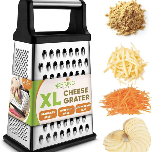Spring Chef Professional Cheese Grater - Stainless Steel, XL Size, 4 Sides - Perfect Box Grater for Parmesan Cheese, Vegetables, Ginger - Dishwasher Safe - Black