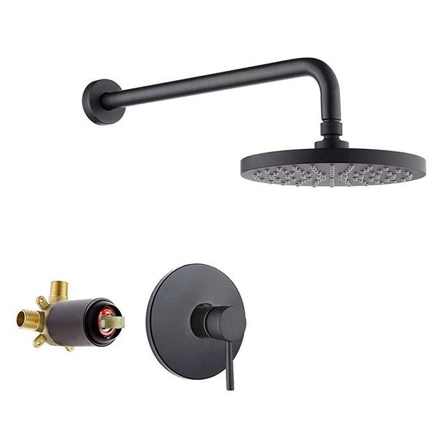 KES Pressure Balance Shower System Bathroom Shower Faucet Round Rainfall Shower Head Combo Wall Mount Matt Black (Including Rough-In Valve Body and Trim), XB6202-BK