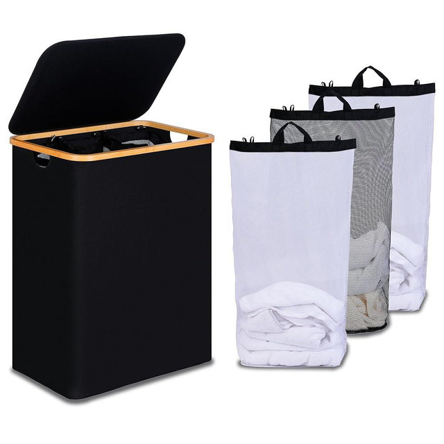 efluky Laundry Hamper with Lid, Trio Laundry Hamper with Removable Bags, 3 Sections Dirty Clothes Basket with Handles for Bathroom, Bedroom & Laundry Room, 160L Black