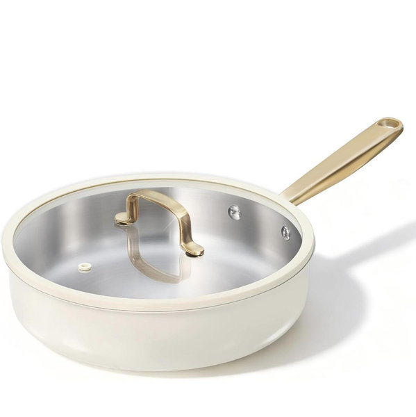 CAROTE 10" Stainless Steel Frying Pan with Lid, Outer Ceramic Layer, Non-Toxic, Even Heating，Oven Safe, Induction, Ceramic and Gas Cooktops Compatible, White