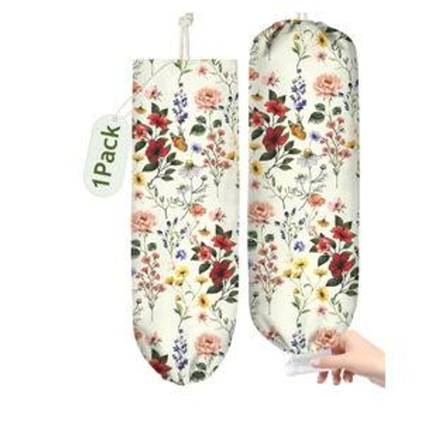 Plastic Bag Holder, Grocery Bag Organizer - 1 Pack Cute Kitchen Dispenser Holders Reusable Shopping Western Hanging Wall with Adjustment Drawstring Closure for Women Home, Floral