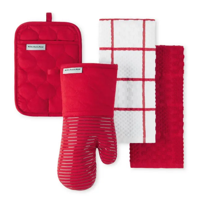 KITCHENAID Quilted Cotton Terry Cloth Oven Mitt, Pot Holder, Kitchen Towel 4-Pack Set, Silicone Grip, Passion Red, 16"x26", 7"x13" & 7"x10"