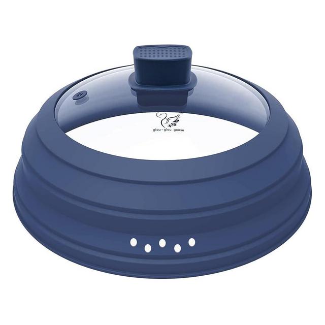 Microwave Splatter Cover Glass Guard Lid with Collapsible Silicone for Food Pot Plate Cover 9.8 inch Dark Blue