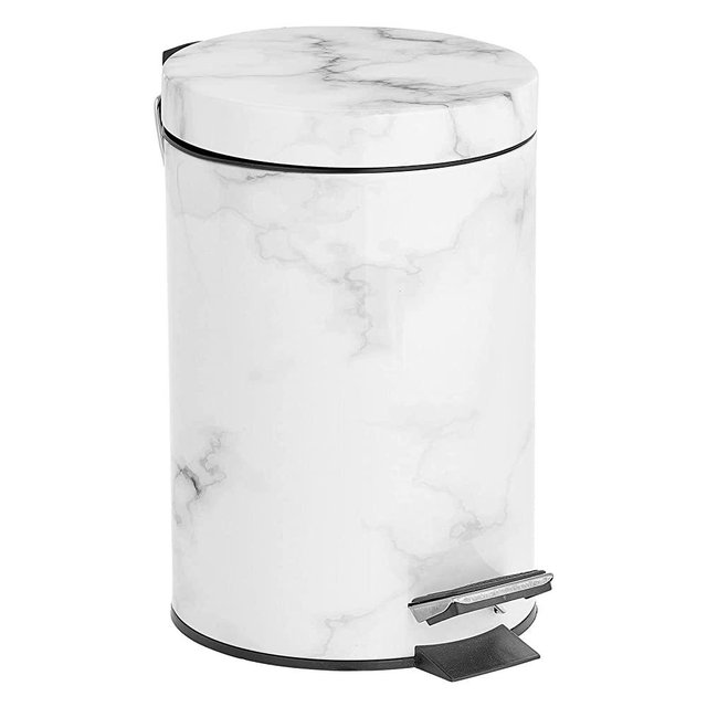 mDesign Metal/Steel 3-Liter Round Small Step Trash Can with Lid, Foot Pedal Waste Basket, Lidded Garbage Bin with Removable Liner Bucket; for Bathroom; Holds Trash, Recycling - White Marble
