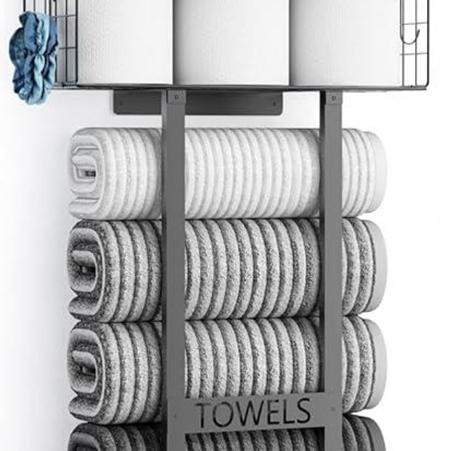 Aetyord Large Towel Rack & Bathroom Towel Holder - Wall Mounted Metal Rack with Wooden Floating Shelf, Small Bathroom Towel Storage, Easy Holds 6 Large Rolled Towels, Black with Brown Plank