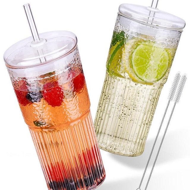 NiHome High Borosilicate Glass Tumbler Cup with Lid and Straw, 22oz Clear Iced Coffee Glass Cups Drinking Jars Glasses Smoothie Tea Cup with Straws, Wide Mouth Water Tumbler With Muffler Ring - 2 Pack