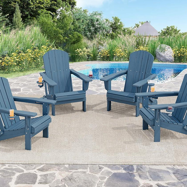 SERWALL Folding Adirondack Chair, HDPE Adirondack Chairs Set of 4, Plastic Outdoor Chairs- Looks Exactly Like Real Wood- Navy