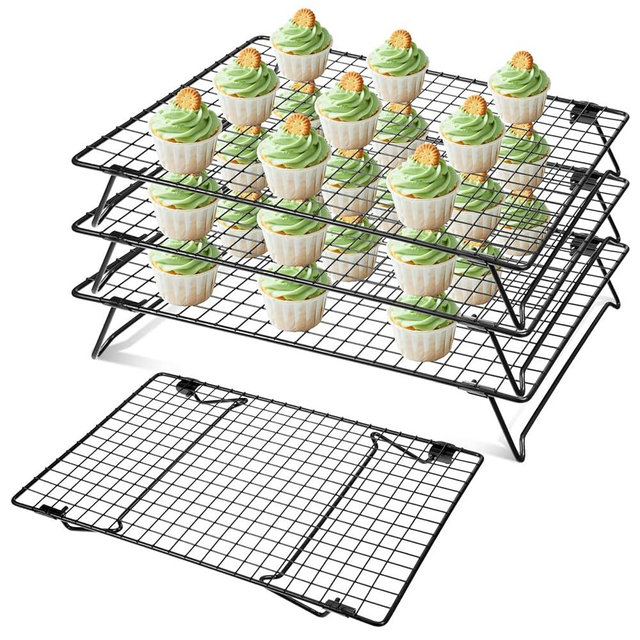 IMengjbang 4Pcs Cooling Racks for Cooking and Baking, 13.4" x 9.4" Cookie Cooling Racks, 4-Tier Stackable Carbon Steel Wire Cooling Rack for Baking, Cookie, Pizza, Cake, Roasting, Making Jerky