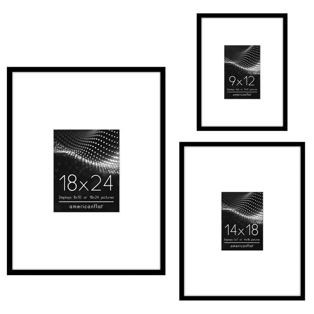 Americanflat Set of 3 Picture Frames - Gallery Wall Set with One 18x24 with 8x10 Mat, One 11x14 with 5x7 Mat and One 9x12 with 4x6 Mat - Black