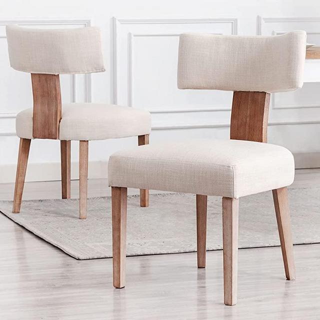 VESCASA Upholstered Farmhouse Dining Chairs with Wood Legs, Mid-Century Modern Linen Padded Dining Chairs with Curved Open Back for Dining Room, Kitchen, Set of 2, Beige