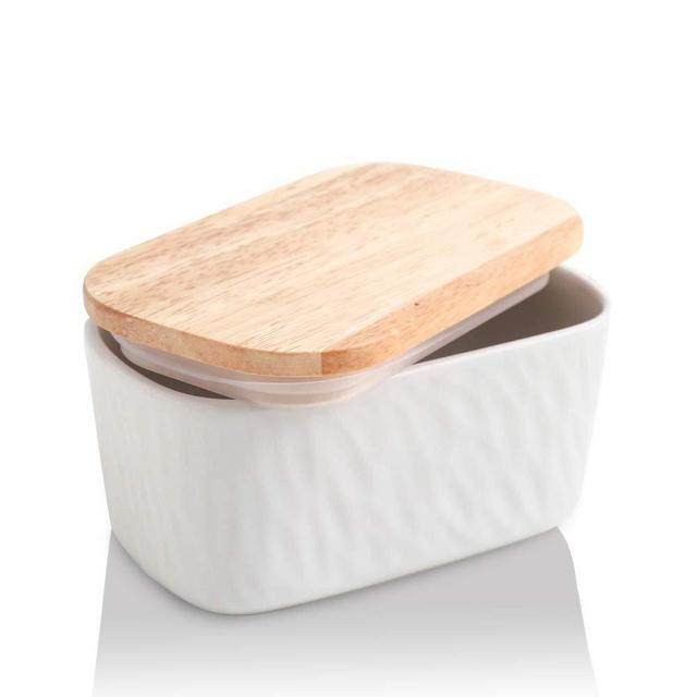 KOOV Porcelain Butter Dish with Lid, Airtight Butter Container with Oak Lid, Perfect for 2 Sticks of Butter, Large Capacity (White)