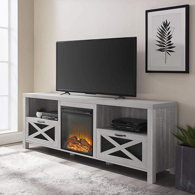 Walker Edison Furniture Company Modern Farmhouse X Wood Fireplace Universal Stand for TV's up to 80" Living Room Storage Shelves Entertainment Center, 70 Inch, Stone Grey