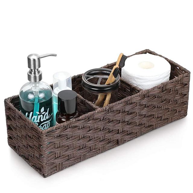 [Larger Compartments] Toilet Paper Basket for Tank Topper - Over, Top, Back of Toilet Tank Tray Split Hand-woven Basket - Rustic, Farmhouse Bathroom Decor, Storage Bin, Counter Vanity Organizer, Brown