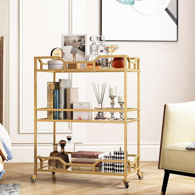LORMITER Square Gold Bar Carts with 3 Tier Storage Glass Shelves Holder Home Serving Bar Carts on Wheels for Kitchen, Bar, Dinning Room