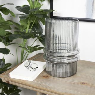 Glass Wide Ribbed Candle Holder with Fluted Center
