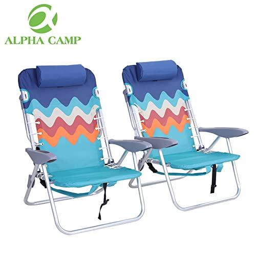 ALPHA CAMP Backpack Beach Chairs Set of 2 with Headrest 4 Position Classic Lay Flat Folding Beach Chair with Backpack Straps,Blue
