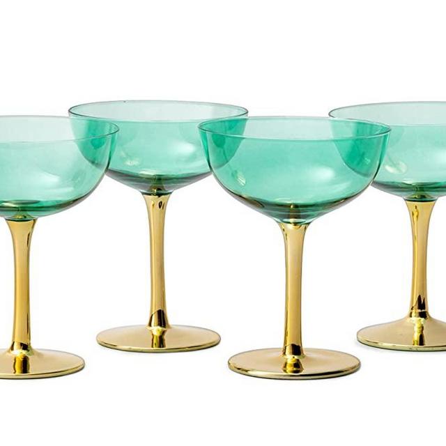 Colored Coupe Art Deco Glasses, Gold | Set of 4 | 12 oz Classic Cocktail Glassware for Champagne, Martini, Manhattan, Sidecar, Crystal Speakeasy Style Goblets Stems, Vintage Blue, Teal, Green