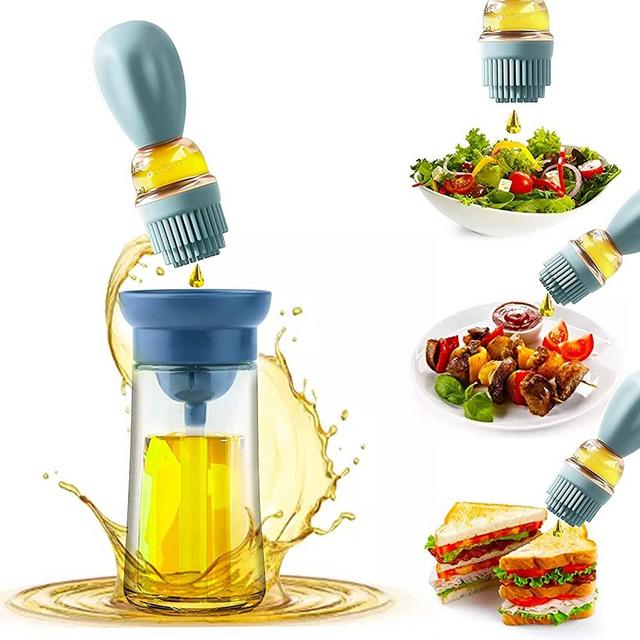 Aililiya Glass Olive Oil Dispenser Bottle With Silicone Brush:2-In-1 Silicone Dropper Measuring Oil Dispenser Bottle for Kitchen Cooking, Frying, Baking, BBQ Pancake, Air Fryer, Marinating (Blue)…