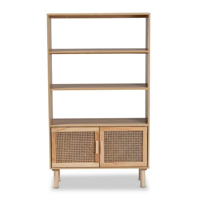 55.1" Faulkner Natural Wood Rattan 2 Door Bookcase Brown - Baxton Studio