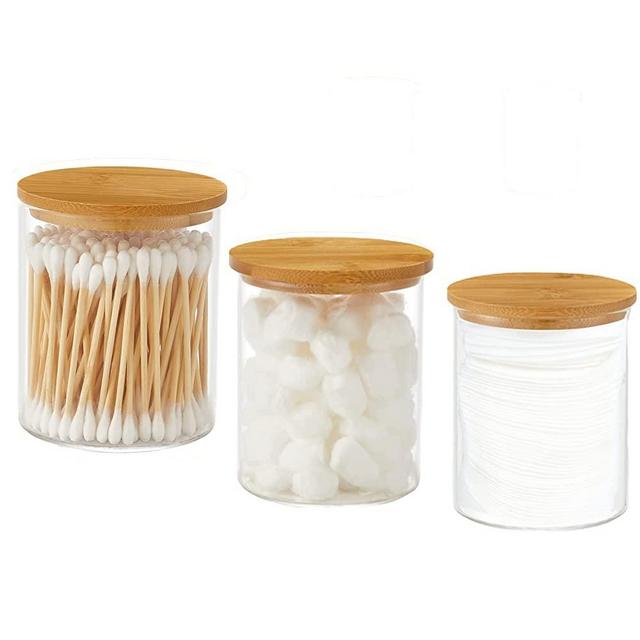 BKYFPQ 3 Pack Glass Qtip Holder Dispenser Bathroom Jars with Bamboo Lids, Cotton Ball Pad Round Swab Holder for Bathroom Accessories Storage Organizer