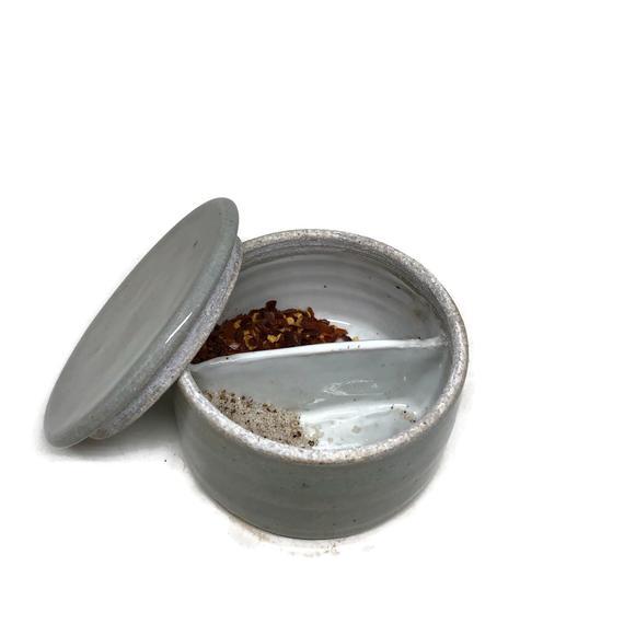 Double Ceramic Salt Cellar With LId Black Divided Stackable Lidded Spice Jars, Black Small Stoneware Pottery Jar Ready To Ship