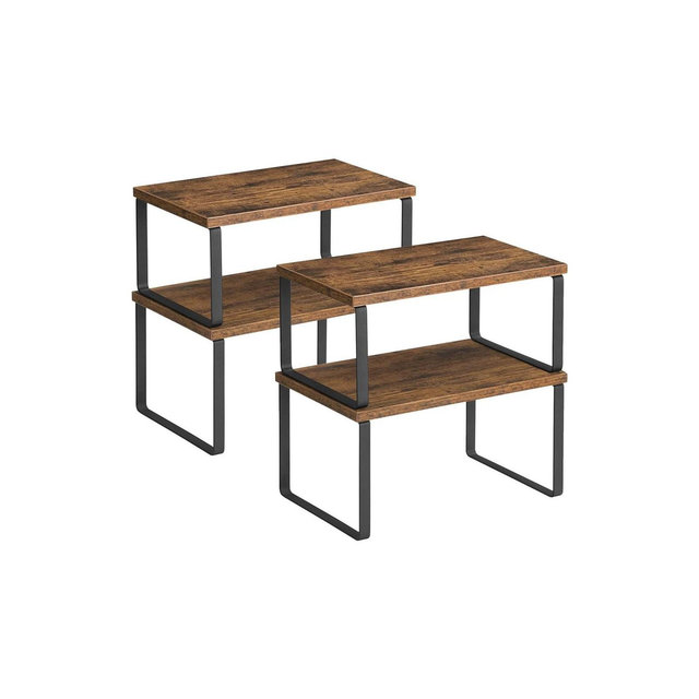 SONGMICS Cabinet Shelf Organizers, Set of 4 Kitchen Counter Shelves, Expandable Spice Racks, Metal and Engineered Wood, Rustic Brown and Black