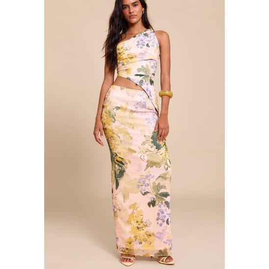 Nude Floral Print Chiffon Maxi Skirt/Top (2 Piece) - Pretty Little Thing