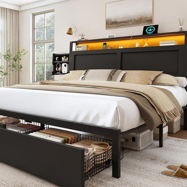 LARMACE King Size Bed Frame with Storage Drawers and Ergonomic Headboard,2-Tier Hidden Storage,Wooden Platform Bed Frame with Charging Station and LED Lights,No Box Spring Needed,Easy Assembly,Black