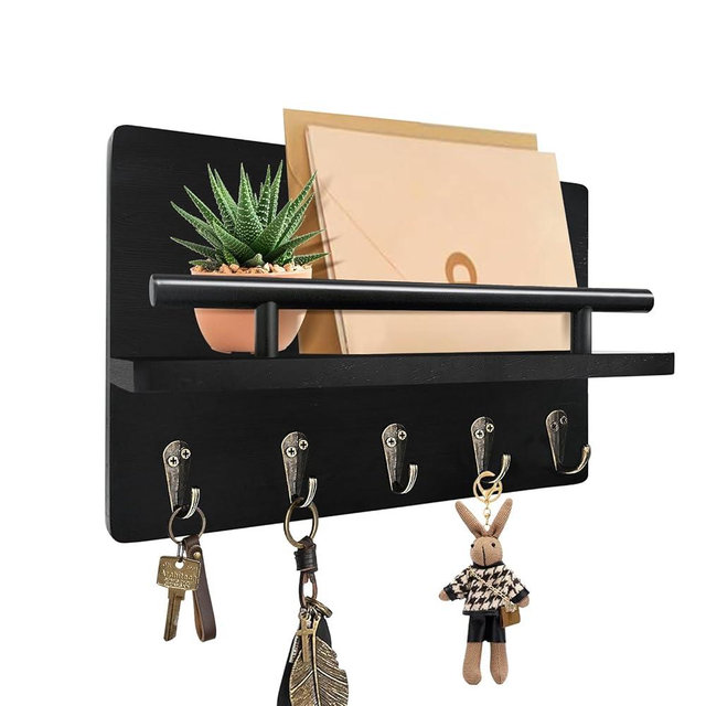 KISENG Key Holder Wall Mount, Decorative Key Rack with Shelf & 5 Sturdy Hooks, Rustic Key Hooks for Wall for Mail Organizer Hanging Dog Leash, Glasses, Wooden Key Hanger with Mounting Hardware