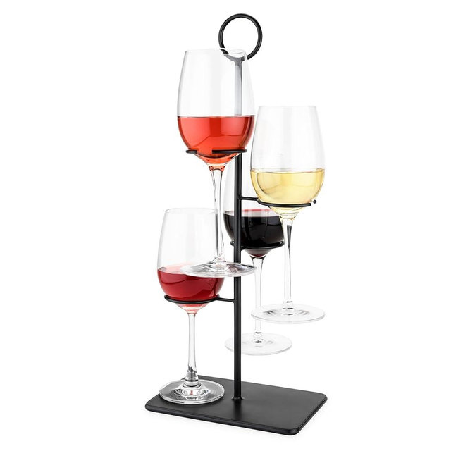 True Hover Flight Server Made of Iron Holds 4 Stemmed Wine Glasses or Champagne Flutes, Hosting Essentials, Home Bar Cart Accessories, Set of 1, Black