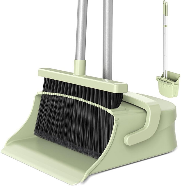 Zeawec Broom with Dustpan Combo Set, Long Handle Upright Standing Self-Cleaning Broom and Dustpan Set for Pet Hair & Dust Cleanup, Indoor Outdoor Use for Home, Kitchen, Office, Green