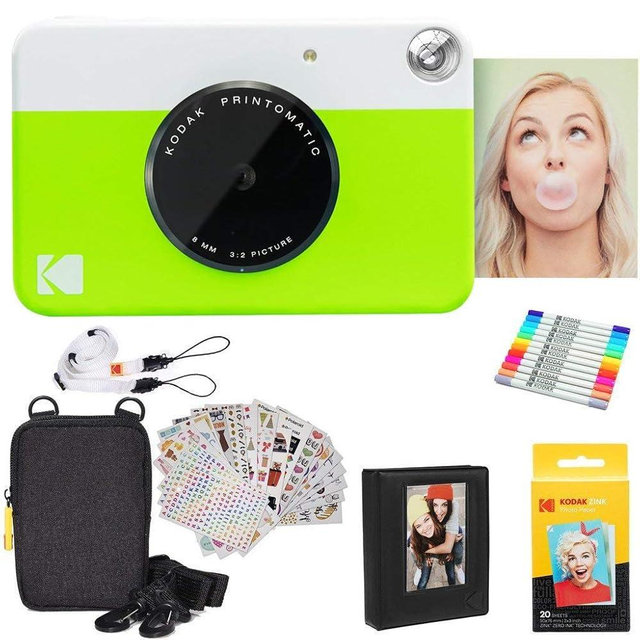 Kodak Printomatic Instant Camera (Green) Gift Bundle + Zink Paper (20 Sheets) + Deluxe Case + 7 Fun Sticker Sets + Twin Tip Markers + Photo Album.
