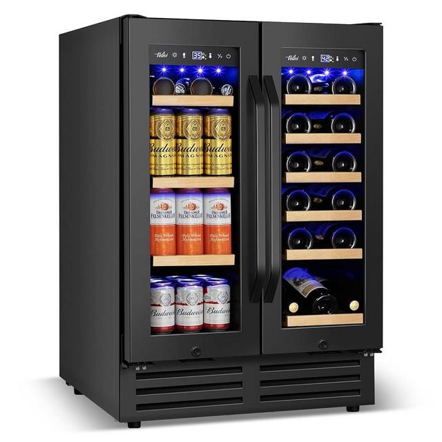 Wine and Beverage Refrigerator Black, 24 Inch Beverage Cooler Under Counter Dual Zone with Glass Door&Lock, 18 Bottles and 68 Cans Large Capacity for Beer Soda Drink, Built-In or Freestanding Fridge