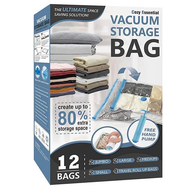 12 Pack Vacuum Storage Bags, Space Saver Bags (2 Jumbo/2 Large/2 Medium/2 Small/4 Roll) Compression Storage Bags for Comforters and Blankets, Vacuum Sealer Bags for Clothes Storage, Hand Pump Included