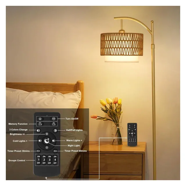 GDFStudio Natalya Farmhouse Arc Floor Lamp with 3 Color Temperature LED and Double Cylindrical Shade, Gold