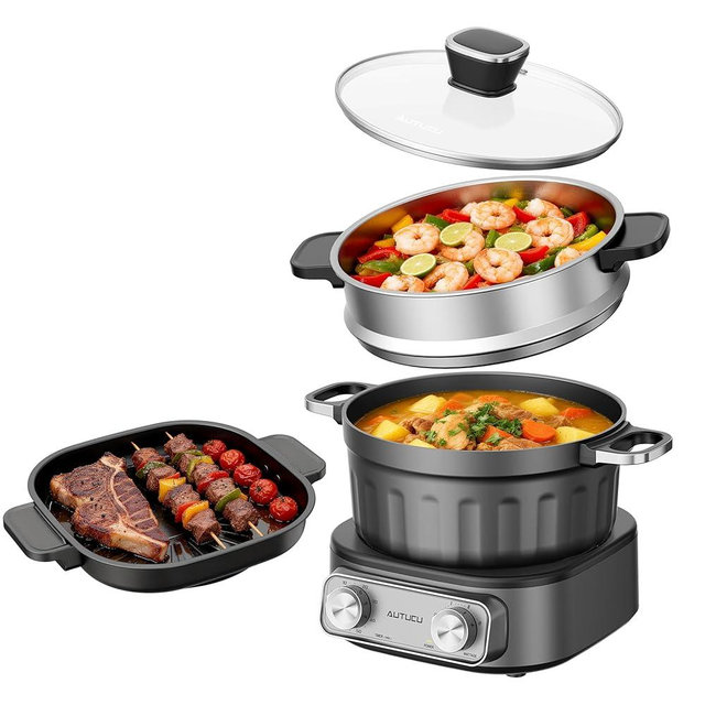 N74SNA Hot Pot Electric, Multi-Cooker 2.5 Quart Grill Steamer Set, PFOA-Free Nonstick for Steak, Soup, Fried Rice, Oatmeal, Egg, Ramen with Power Adjustment