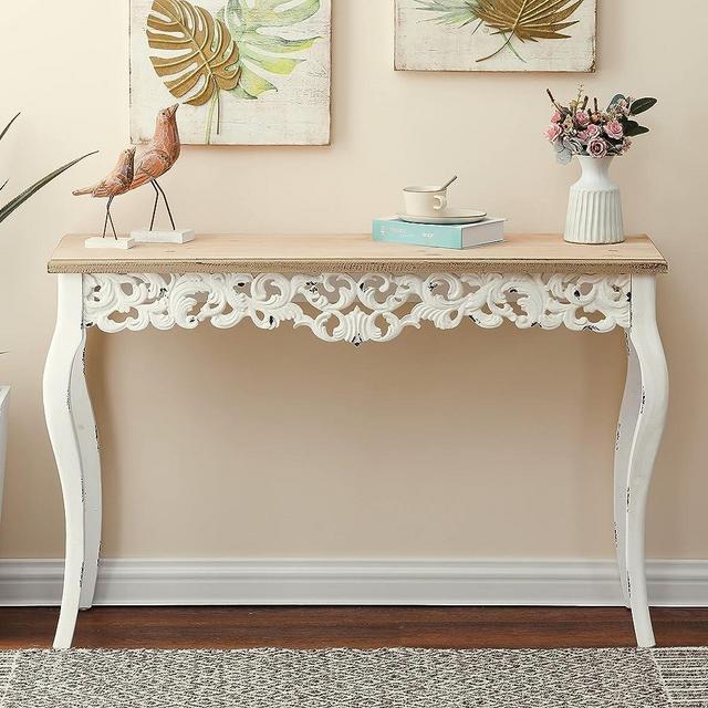 LuxenHome 46" Wood Decorative Console Table, Vintage French Country Entry Table, Farmhouse Antique Sofa Table with Wood Carvings, Woodgrain/Off-White