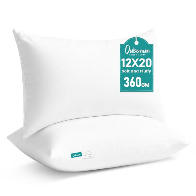Oubonun 12 x 20 Throw Pillow Inserts - Soft, Plush & Decorative Down Alternative Pillows for Couch Sofa Bed, Machine Washable - White, Pack of 2