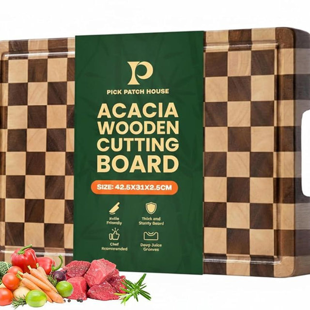 PICK PATCH HOUSE 100% Organic Acacia Wood Cutting Board 16.5" x 11.6"–End Grain Checkered Wooden Cutting Board for Kitchen,Premium Butcher Block with Deep Juice Groove, Built-In Handle & Non-Slip Pads