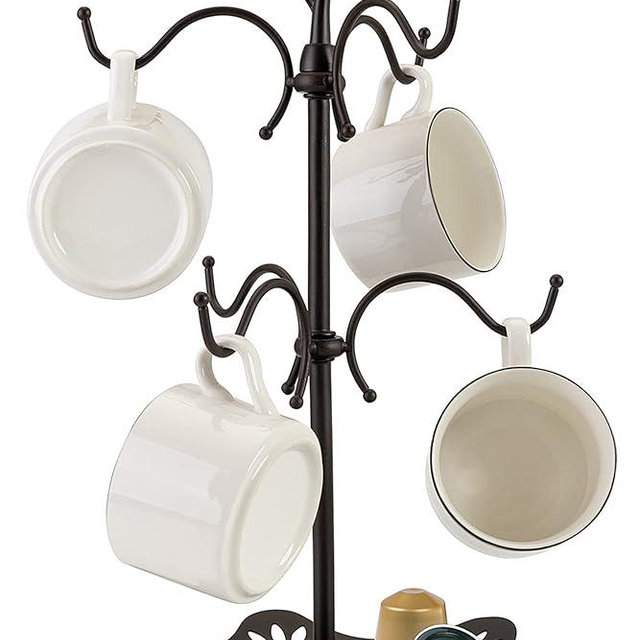 Coffee Mug Holder for Large Mugs, Mug Tree for Counter, Cup Holder for Countertop, Mug Rack with Tray, Metal Mug Tree with 6 Hooks, Coffee Counter Bar Accessory & Kitchen Home Organizer