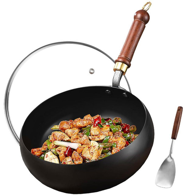 UMETRE Carbon Steel Wok Pan, 10.2" Woks & Stir-Fry Pans with Glass Lid Cookwares, Nonstick Wok Flat Bottom Small Handmade Chinese Wok For for All Stoves