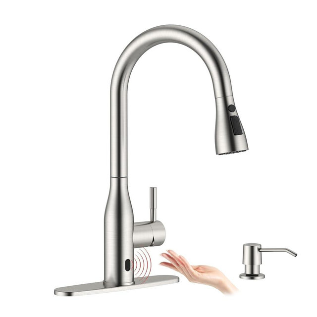 APPASO Touchless Kitchen Faucet with Pull-Down Sprayer, Kitchen Sink Faucet Touchless Brushed Nickel, Single Handle Hands-Free Motion Sensor Faucets Suitable for 1 or 4-Hole Sink, Stainless Steel