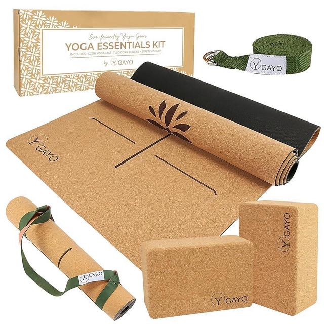 Gayo Premium Cork All-in-One Yoga Essentials Kit -Large Cork Yoga Mat and Blocks Set with Carry Strap and Alignment lines, 10ft Stretch Strap, Your Ultimate Eco-Friendly Starter Set