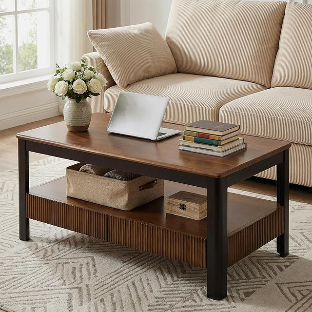 39.4" Walnut Solid Wood Coffee Table for Living Room,Mid Century Modern Real Wooden Fluted Coffee Table with 2 Drawers & Open Shelf Storage for Home Office,Oak Rectangle