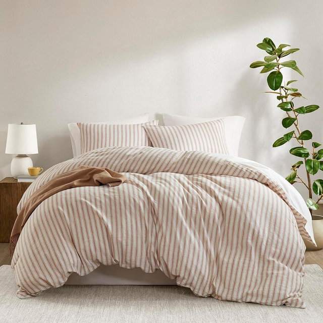 Madison Park Cooling Duvet Cover Set for Hot Sleepers - Linen Cotton Rayon Blend, Queen Size 3 Piece Set with Shams - Lightweight & Breathable Bedding, Terracotta Striped Design