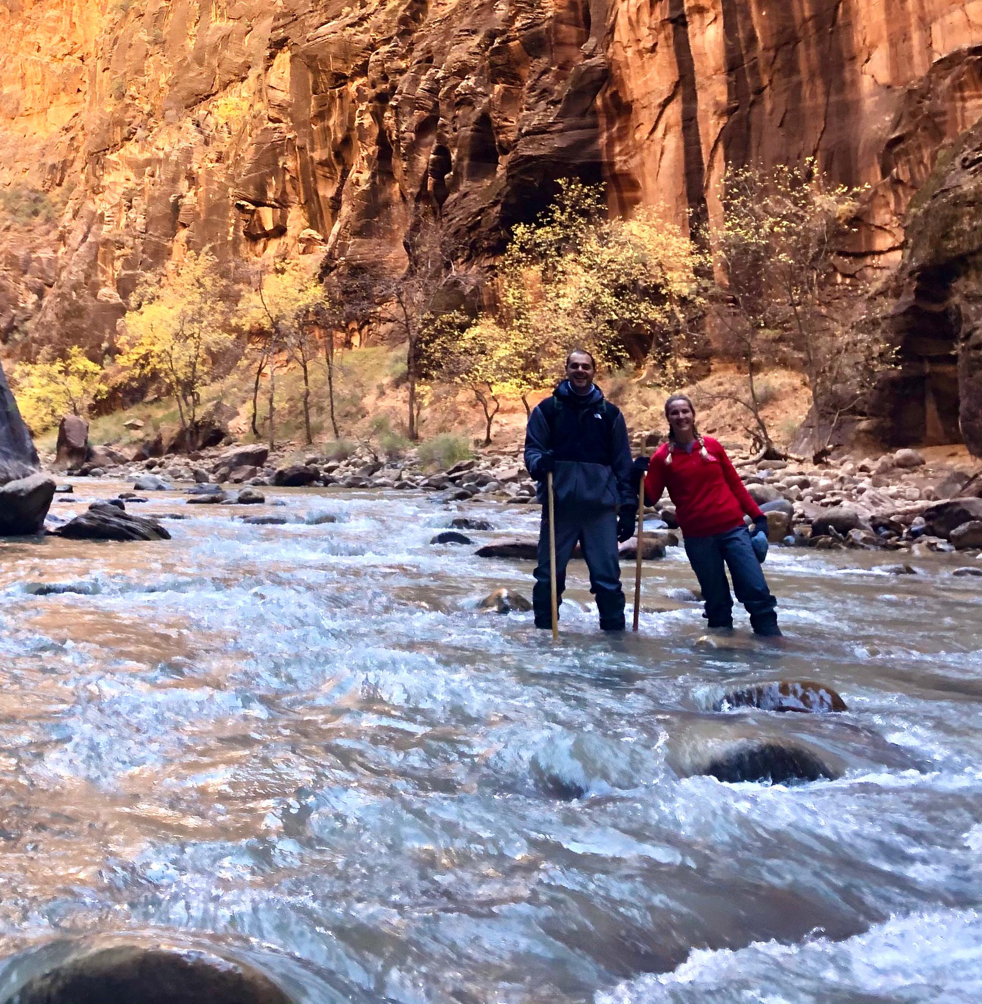 Hiking through The Narrows at Zion National Park.  6 miles through the river. 🏞