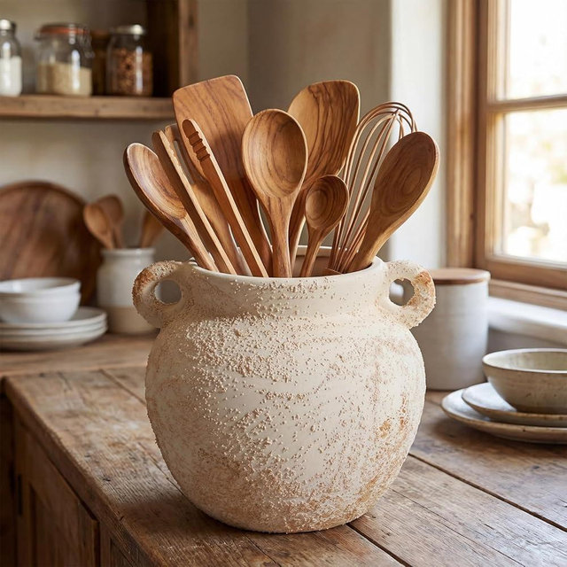 Qinyoung Rustic Kitchen Utensil Holder Ceramic Utensil Holder with Handle 6 Inch Vintage Crock Decoration Spatula Organizer for Kitchen Countertop Farmhouse Party Supplies (White,Elegant)