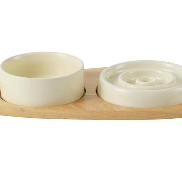 Ceramic Slow Cat Feeder Set, Raised 6.1-inch Slow Cat Food Dish and 5.1-inch Water Bowl with Wooden Stand, Circle Shape. (2 x Bowl with Stand - Beige, 6inch)