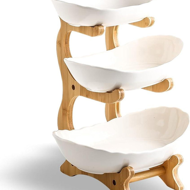 HOMKULA 3 Tier Ceramic Fruit Bowl for Kitchen Counter - Decorative Tiered Fruit Basket Holder Stand Organizer for Kitchen Countertop (White)