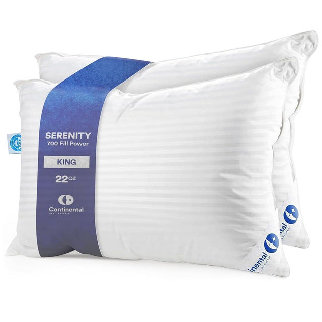 Continental Bedding Serenity Collection 700 Fill Power Hungarian Down Pillow in Low, Medium, Extra Loft - RDS Certified Down - Oeko-TEX 400TC Cotton - Standard, Queen, King